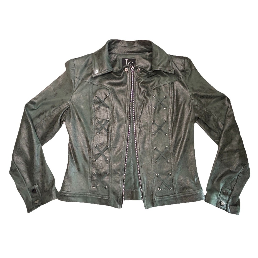 Leno Gabrielle Faux Leather Moto Jacket Womens 12 Green Lace Up Missing Zipper